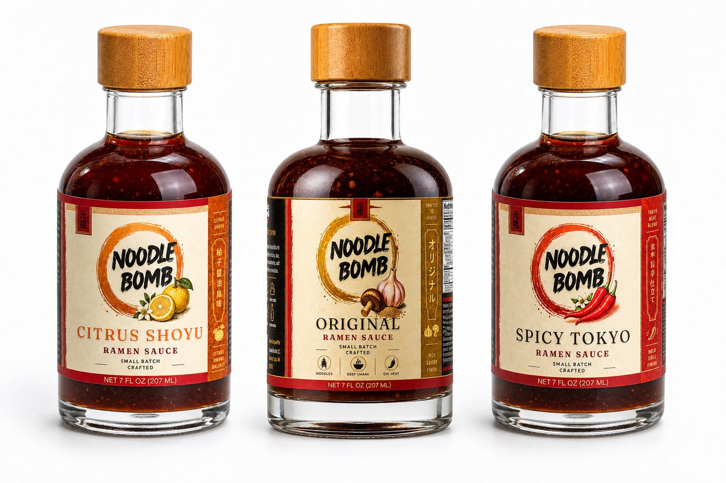 NoodleBomb Ramen Sauce Trio – Original, Spicy Tokyo & Citrus Shoyu – Bold flavor. Every bite. – Small Batch Crafted in USA