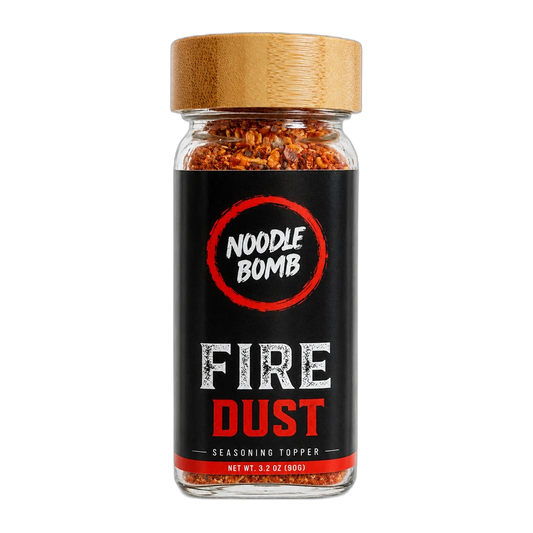 NoodleBomb Fire Dust seasoning topper jar, front label